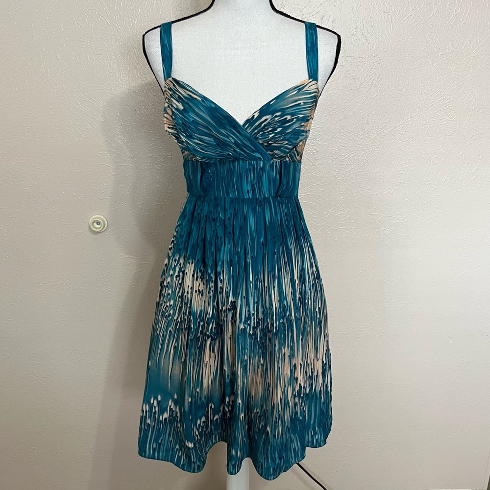 Anthropologie Teal and Cream Printed Midi Dress